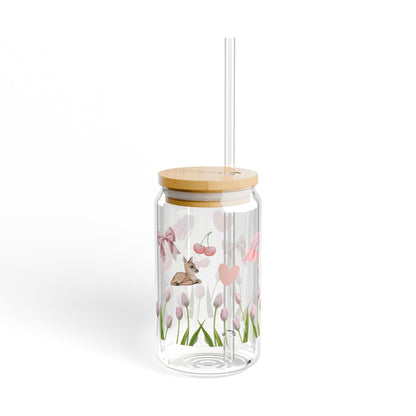 Cute Pink Coquette Aesthetic | Glass Tumbler with Straw and Lid 🎀