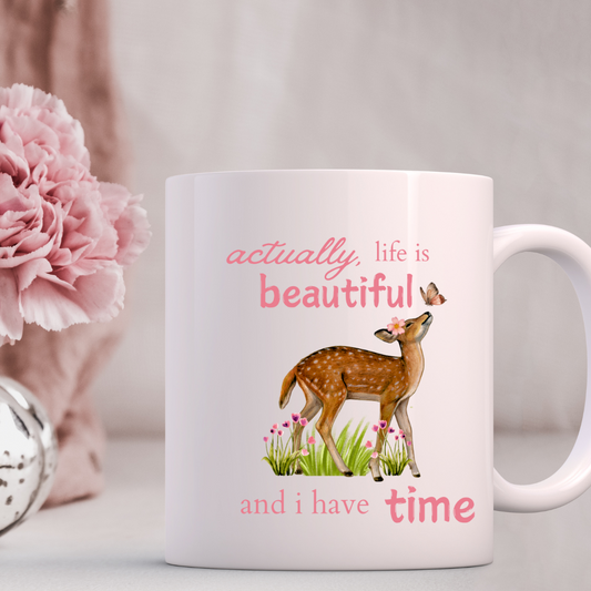 Cute floral fawn coffee mug reads actually life is beautiful 