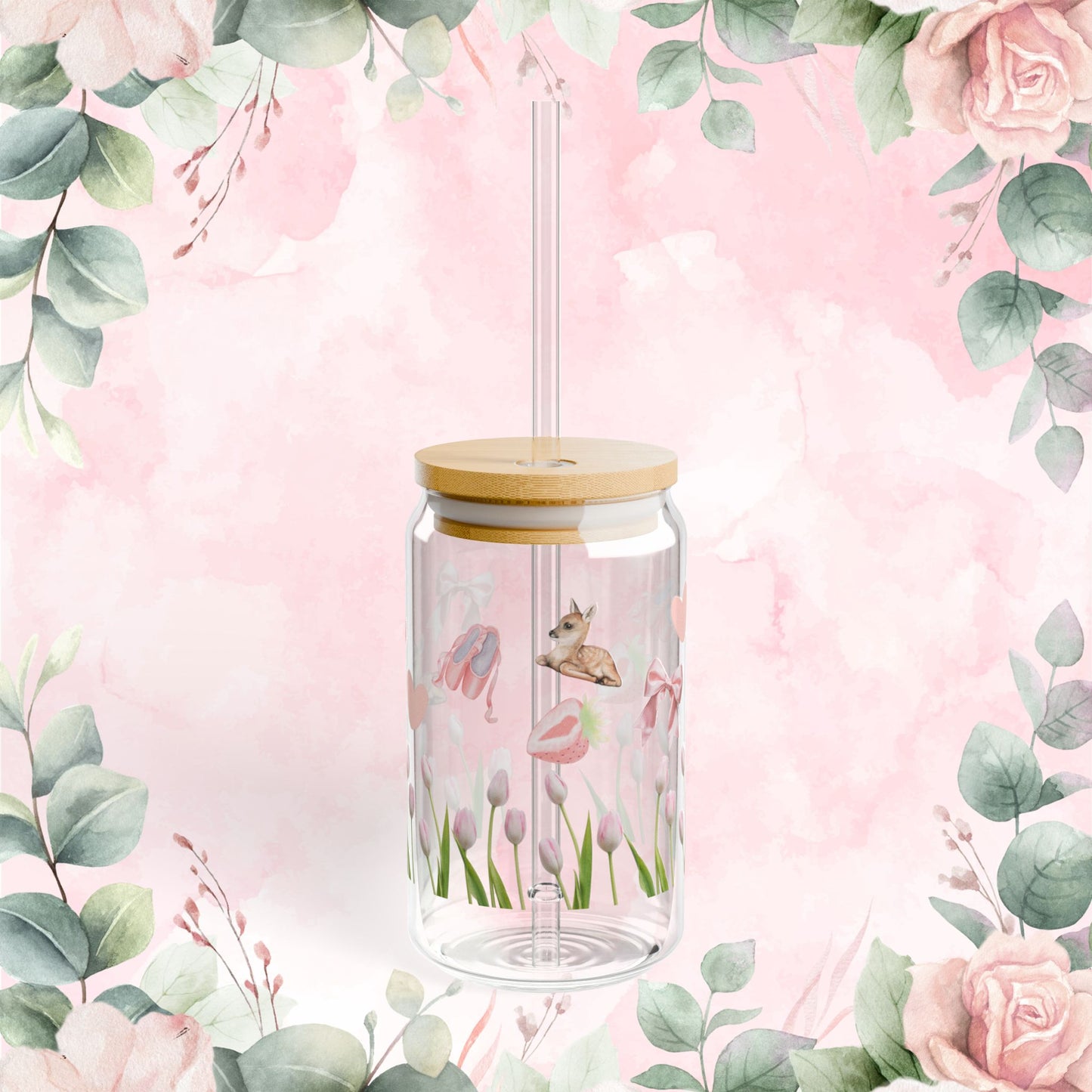 Cute Pink Coquette Aesthetic | Glass Tumbler with Straw and Lid 🎀