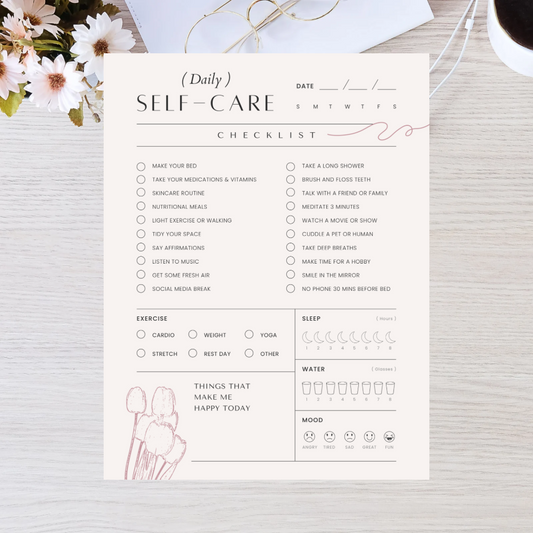 Self Care Daily Aesthetic Planner Sheet with Habits, Exercise, Water, Sleep